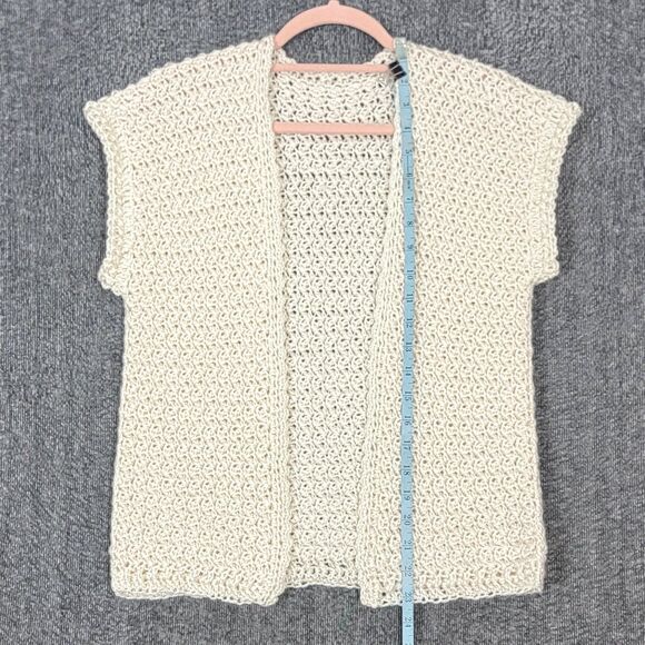 Hand Made Knit Sweater Vest Womens Small Ivory Crochet Open Front Cardigan - Picture 3 of 8